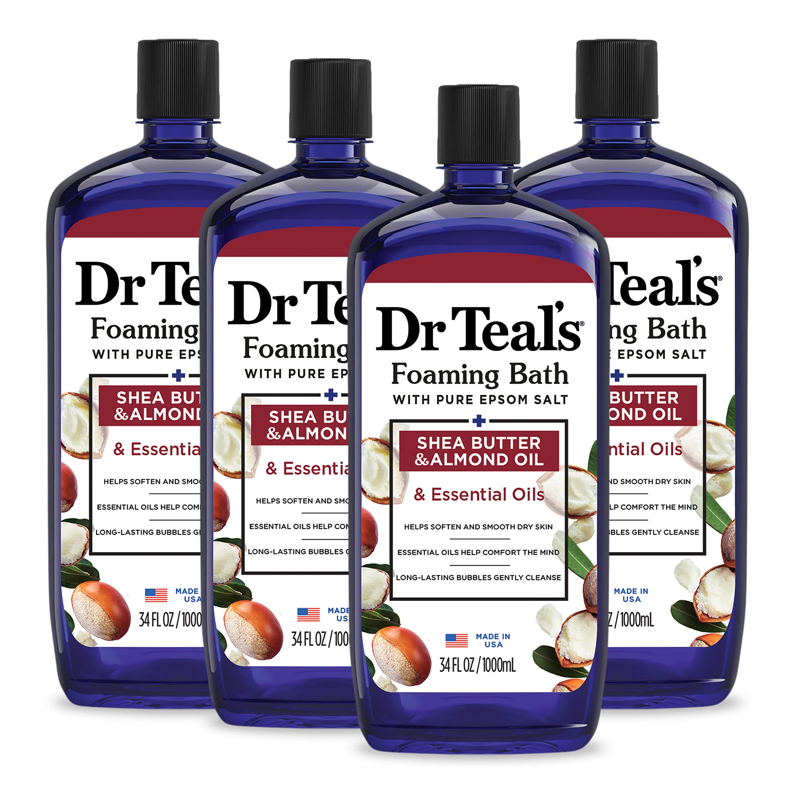 Dr Teal's Foaming Bath with Pure Epsom Salt, Shea Butter & Almond, 34 fl oz (Pack of 4) (Packaging May Vary)