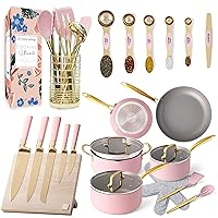 Styled Settings Gold & Pink Kitchen Accessories - 33 PC Includes Pink Pots and Pans Set Nonstick, Magnetic Gold and Pink Knife Set with Block, Pink Kitchen Utensils Set & Magnetic Measuring Spoons Set