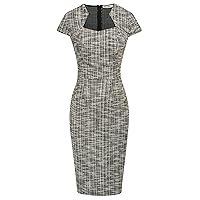 Women's Elegant Cap Sleeve Tweed Plaid HIPS-Wrapped Pencil Dress for Evening