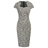 Women Cap Sleeve Retro Vintage Bodycon Tweed Pencil Dress for Party Black (Plaid)