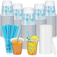 100 Pack Christmas Party Plastic Cups 12 oz Disposable Cups with Lids and Straws Disposable Plastic Cups for Juice Water Coffee Xmas Party Cold Beverages Drinks (Snowflake)