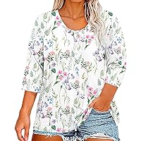 Shirts for Women 3/4 Length Sleeve Womens Tops Print Graphic Henley Casual Summer Button Down Plus Size Blouses