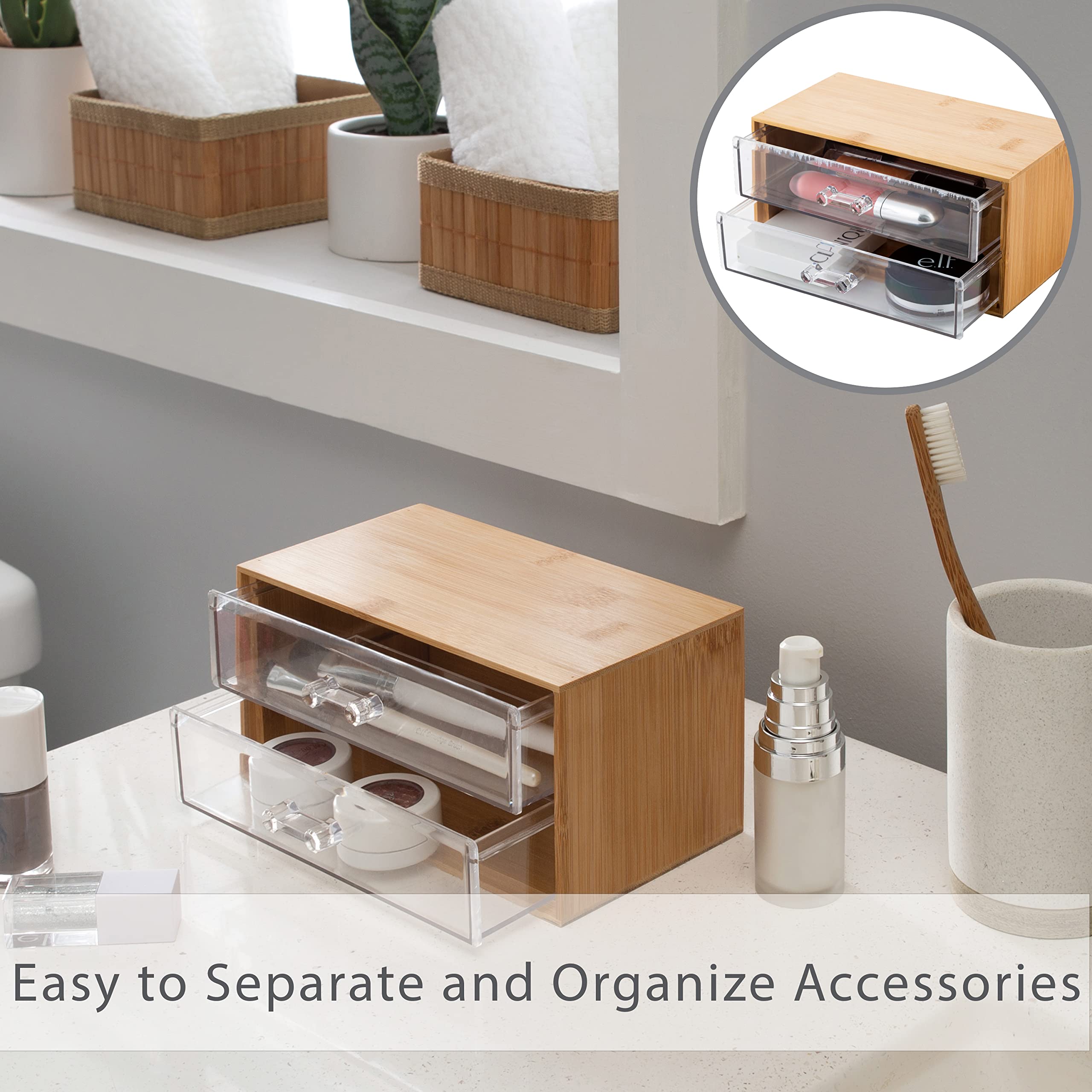 Simplify 2 Tier Cosmetic and Jewelry Holder | Drawer Organizer | Chest | Holds Make Up and Accessories | Bathroom Vanity Countertop & Dresser Storage | Clear & Bamboo