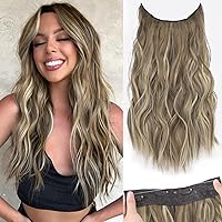 KooKaStyle Invisible Wire Hair Extensions with Transparent Headband Adjustable Size 4 Secure Clips Long Wavy Secret Wire Hairpiece 16 Inch Medium Brown Ash Blonde for Women