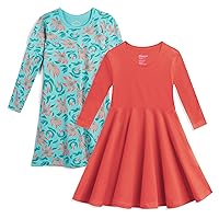 Mightly Girls' Basic Long Sleeve Dresses for Kids Pack of 2 | 95% Organic Cotton, Colorful Stylish Dress, School & Parties