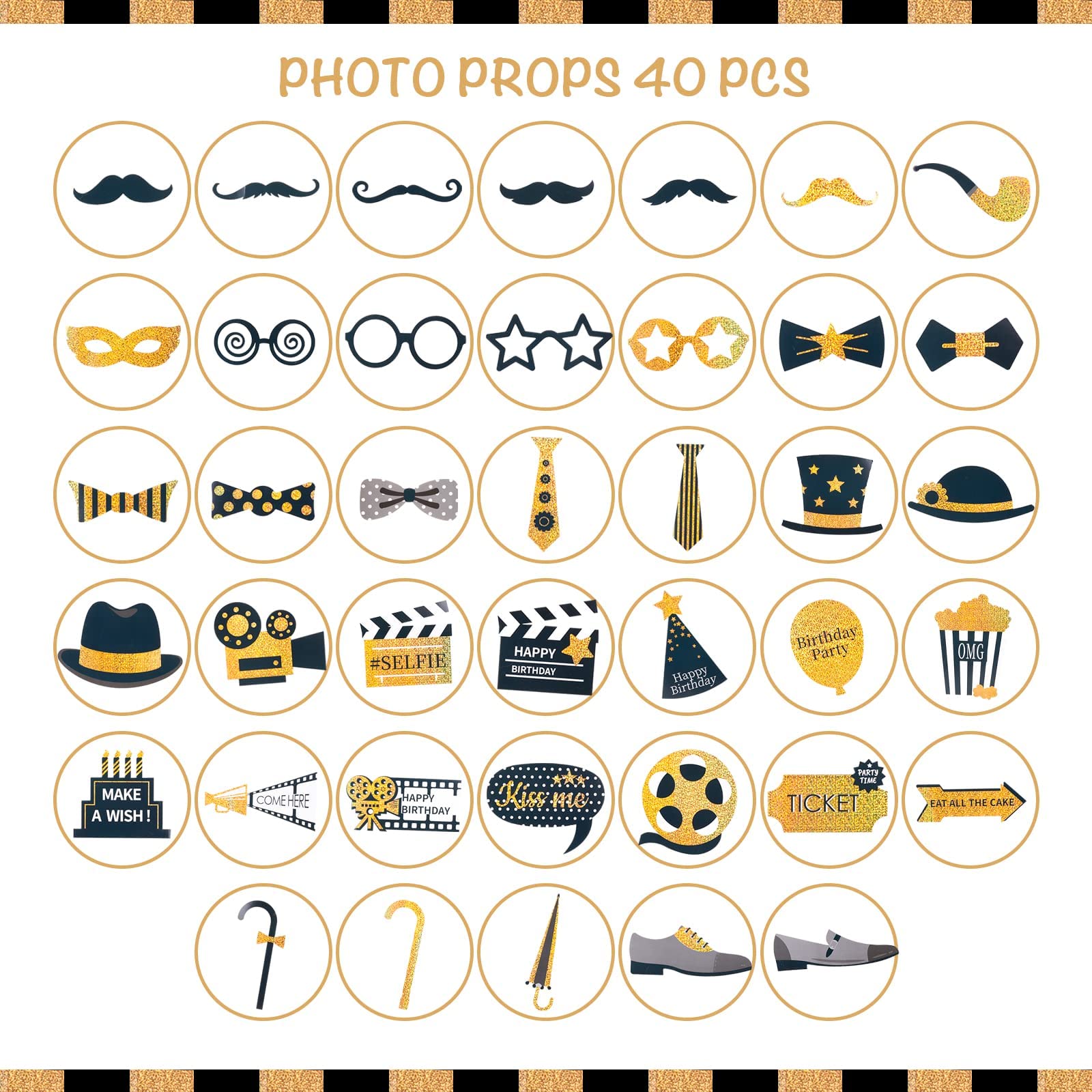 PartyWoo Photo Booth Props Birthday, 40 pcs Glitter Photo Booth Backdrops with Large Hats Glasses Mustaches, Black and Gold Party Favors Signs for Selfie Photobooth 30th 40th 50th 90th Birthday Men