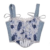 Womens Raw Trim Sequins Push Up Strap Retro Bustier Cami Tops Summer Floral Print Lace-Up Back Corset Tank Top