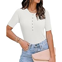 Messic Womens Summer Short Sleeve Crewneck Ribbed Knit Shirts Business Button Down Basic Tee Tops
