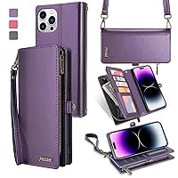 for iPhone 12 Pro Max Wallet Case[Supports Wireless Charging]:Faux Leather Crossbody with Wristlet&Shoulder Straps,Flip Magnetic Closure,with Card Holder and Kickstand for Men Women(Purple)