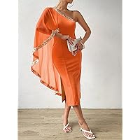 Women's Dress One Shoulder Contrast Sequin Split Thigh Dress Women's Dress (Color : Orange, Size : Large)