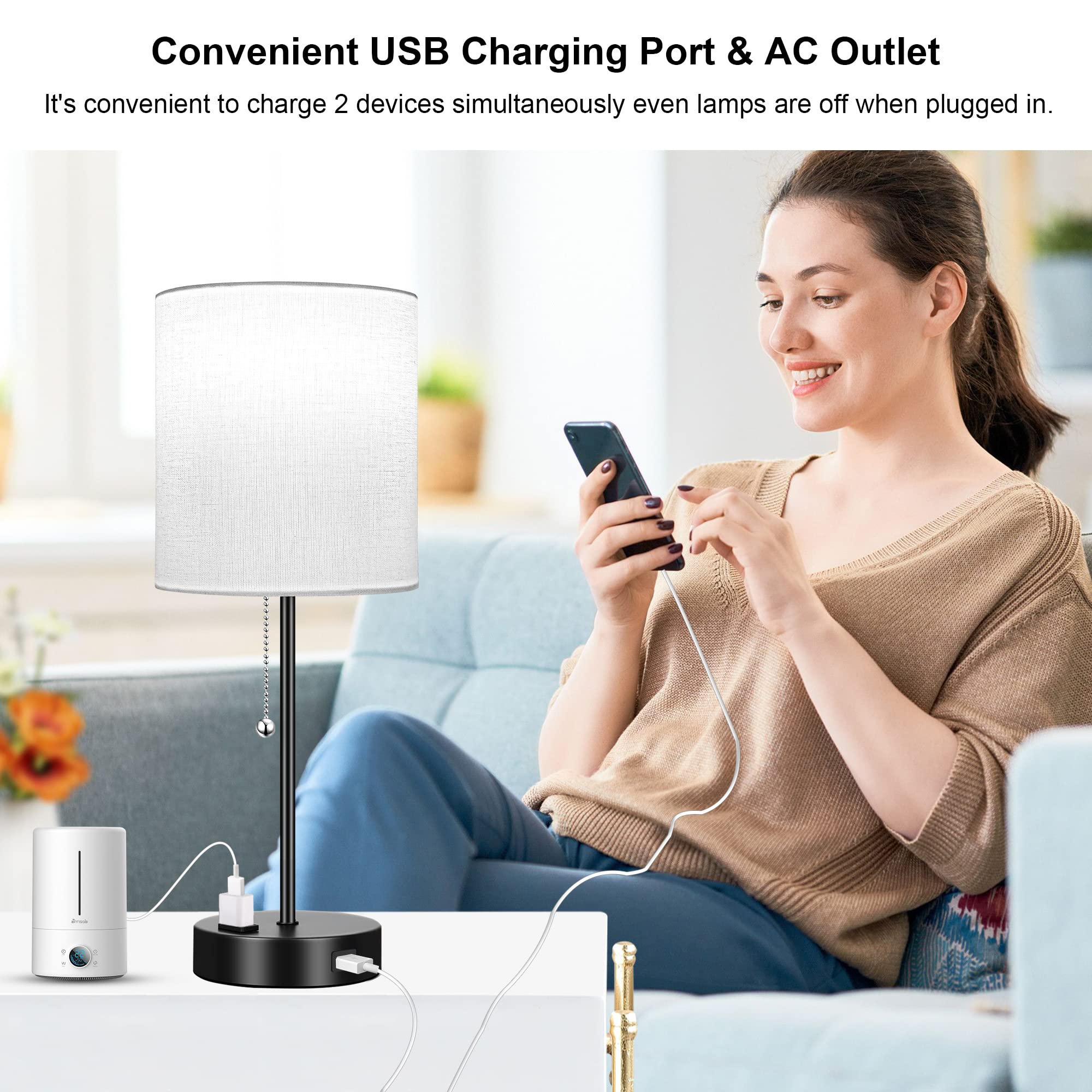 3 Color Temperature Bedside Table Lamps Set of 2, Modern Small Lamp with USB and Outlet, Bedroom Lamp for Nightstand with Chain Switch, White Desk Lamp for Living Room, Two Bulbs Included