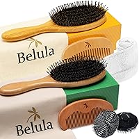 Belula His and Hers 100% Boar Bristle Hair Brush Set. Soft Natural Bristles Thick, Long or Curly Hair. Restore Hair's Shine and Health.