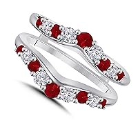 Women Wedding Band Enhancer Guard Ring 1/2 ctw Cubic Zirconia & CZ Pink Ruby Round 14K Gold Plated in 925 Sterling Silver