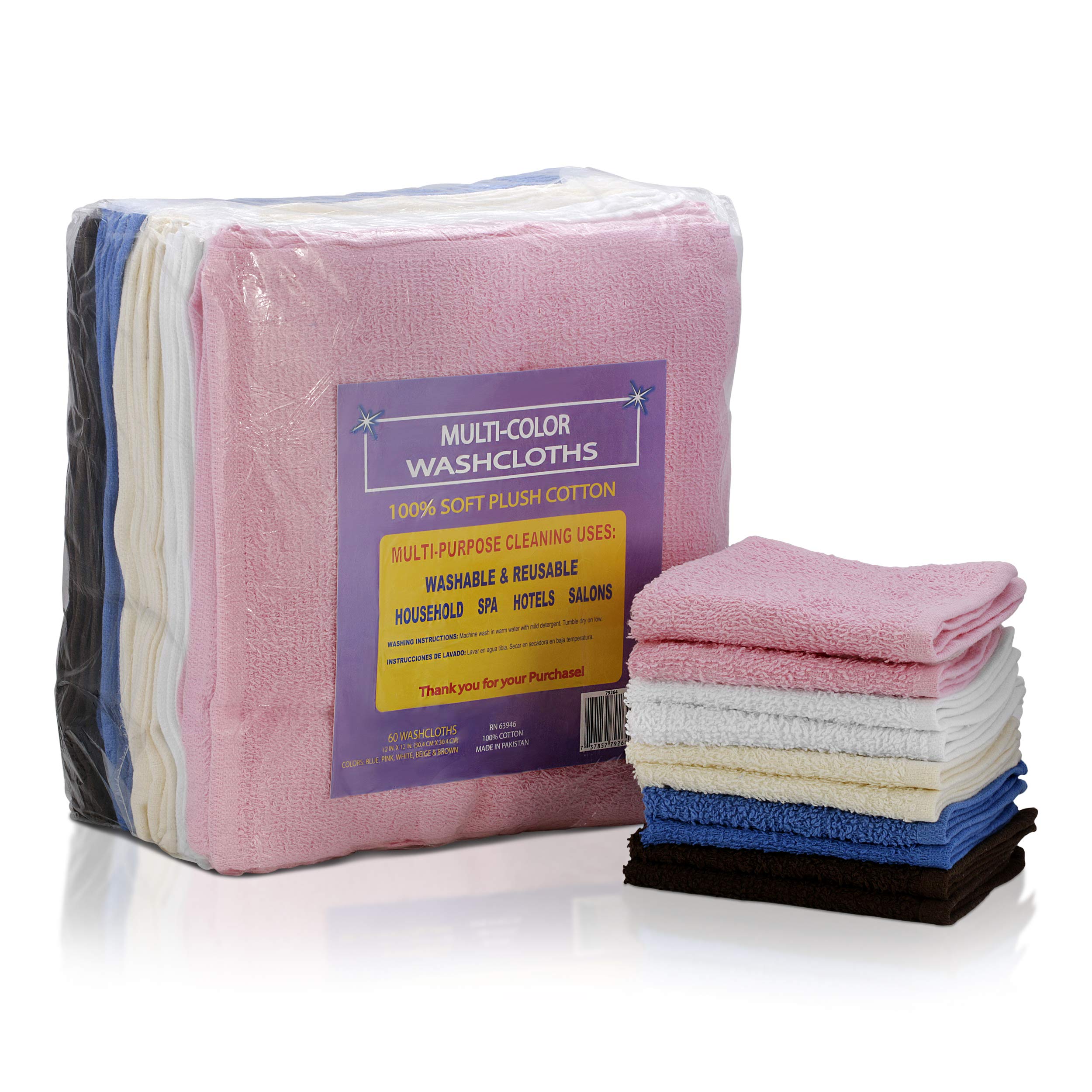 Simpli-Magic 79264 Cotton Washcloths, Size: 12”x12”, Multi Color, 50 Pack