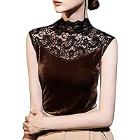 Velvet Camisoles for Women, Summer Casual Mock Neck Sleeveless Lace Hollow Out Patchwork Elegant Cami Tank Tops