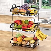 3 Tier Countertop Fruit Basket Bread Bowl for Kitchen, Stackable Vegetable Potato Onion Storage Wire Basket with Banana Hangers, Black