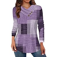 Womens Casual Tops Plaid Long Sleeve Button T Shirt Trendy Crew Neck Plus Size Blouses Cute Graphic Fall Clothes