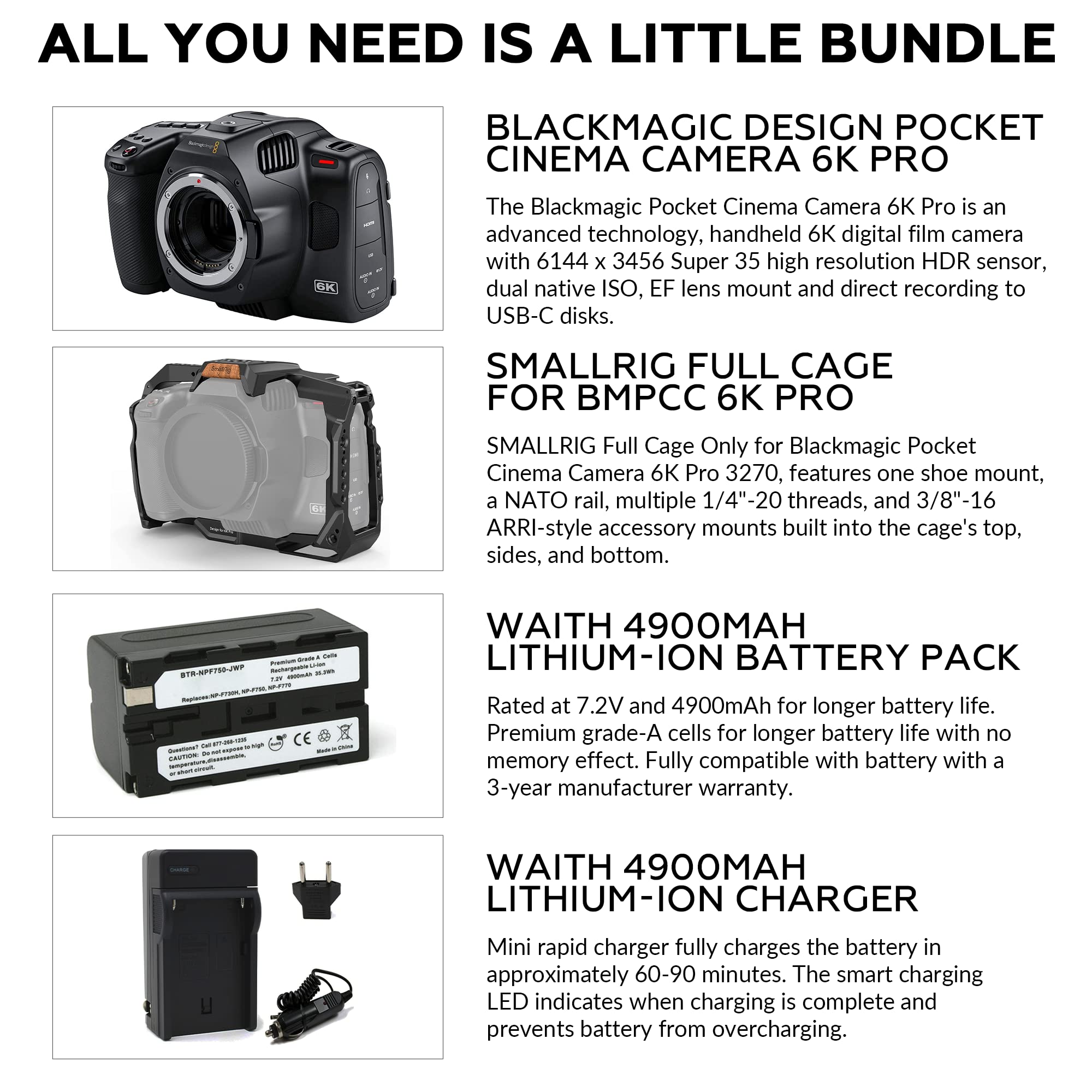 Blackmagic 6K Pro Pocket Design Cinema Camera for Canon EF | 13-Stop Dynamic Range, Super35 HDR Sensor, Gen 5 Color Science, SmallRig Full Cage, Waith Battery, and Charger Bundle Set