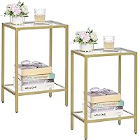 Side Tables Set of 2, End Tables with Tempered Glass, 2-Tier Nightstands with Storage Shelves, Slim Sofa Table for Living Room, Bedroom (2, Golden)