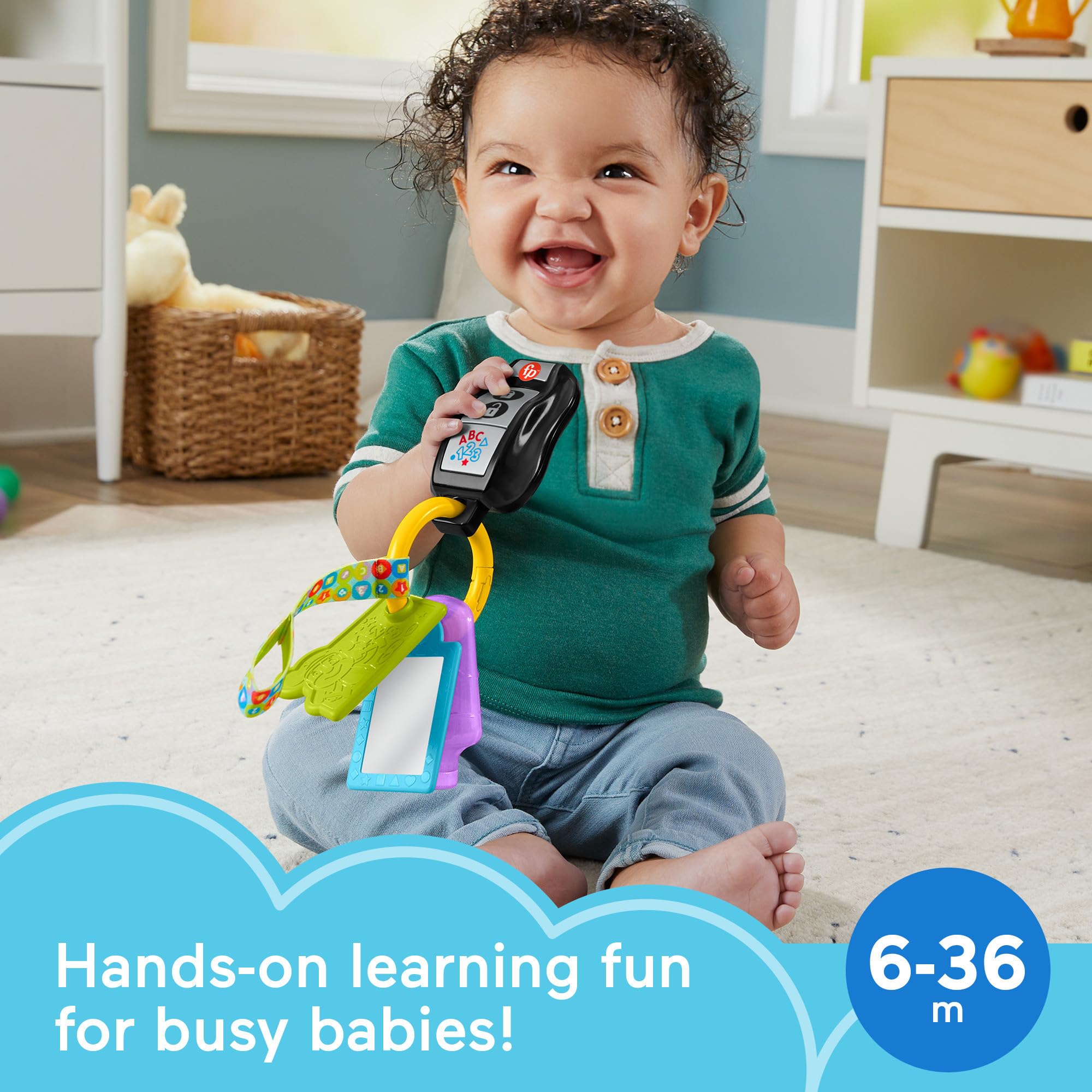 Fisher-Price Laugh & Learn Baby Travel Toy Play & Go Activity Keys with Learning Music, Teether & Mirror for Ages 6+ Months