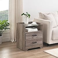 IDEALHOUSE 2024 New Grey Nightstand, Modern Wood Nightstand with Glass Top and Drawers, Led Nightstand with 2 Drawers and Storage Shelf, Storage Table with Adjustable LED Lights for Bedroom