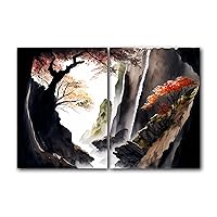 Japanese Style, Mountain Landscape with Cherry Blossom and Red Maple Tree, Watercolor Painting, Set of 2 Poster Print, Wall Art Décor, Multiple Sizes (5 x 7 Inches)