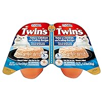 INABA Twins for Cats, Shredded Chicken & Broth Gelée Side Dish/Topper Cups, 1.23 Ounces per Serving, 16 Servings, Tuna & Chicken with Scallop Recipe