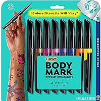 BIC BodyMark Temporary Tattoo Markers for Skin, Color Collection, Flexible Brush Tip, Assorted Colors, Skin-Safe, Cosmetic Quality 8-Count Pack