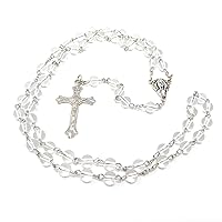 R. Heaven Clear glass Catholic rosary beads Our Lady center 6mm silver chain and cross