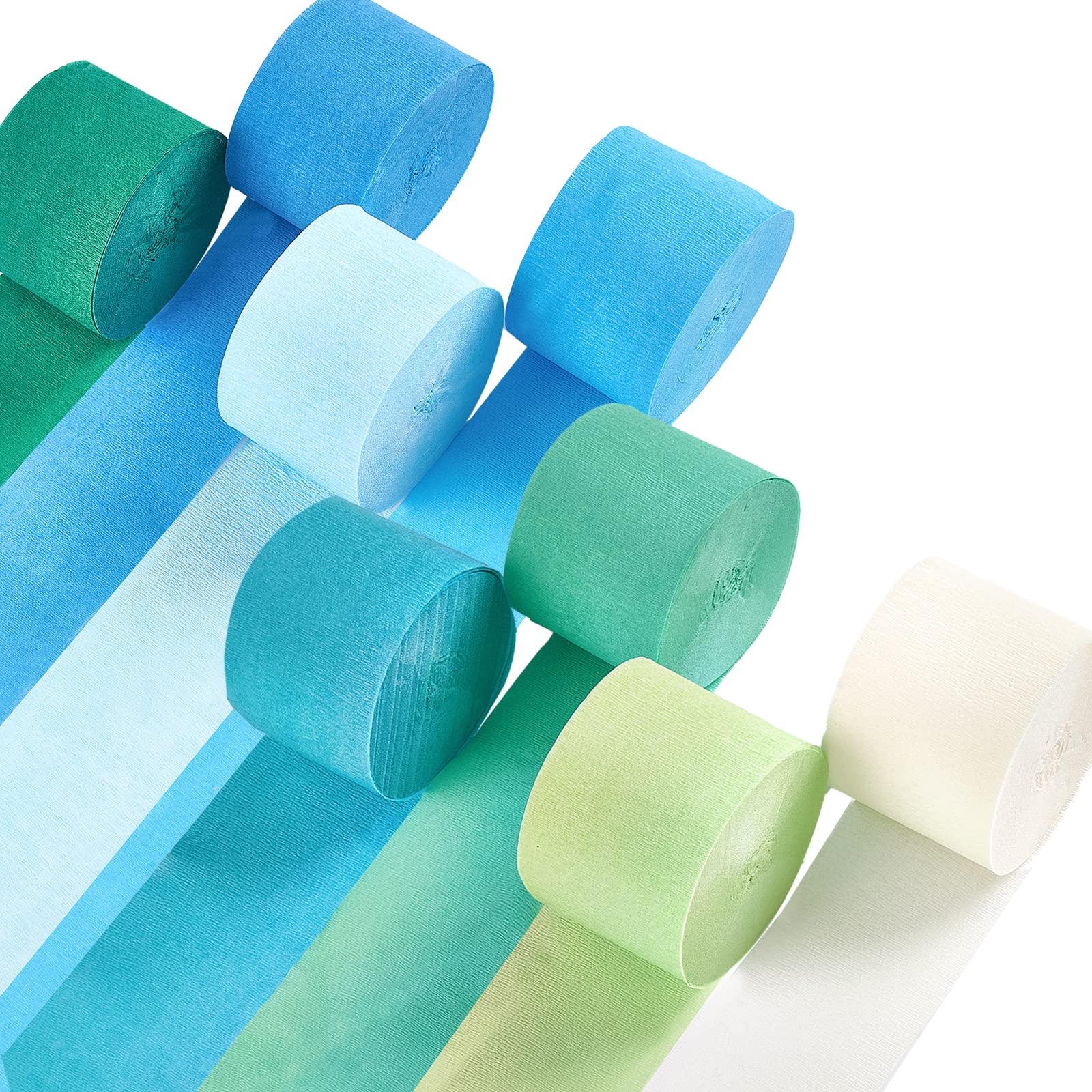 PartyWoo Crepe Paper Streamers 8 Rolls 656ft, Pack of Blue, Pastel Blue, Green, Lime and White Party Streamers for Birthday Decorations, Party Decorations, Wedding Decorations (1.8 Inch x 82 Ft/Roll)