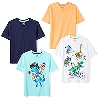 Boys' Short-Sleeve V-Neck T-Shirt Tops (Previously Spotted Zebra), Pack of 4, Navy/Blue/White, Dinosaur, XX-Large