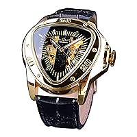 Winner Fashion Men's Triangular Racing Dial Waterproof Gold Skeleton Dial Automatic Leather Mechanical Watch