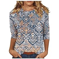 Womens Tops Trendy,Plus Size Tops for Women Womens 3/4 Sleeve Tops Crew Neck Vintage Print Graphic Shirt