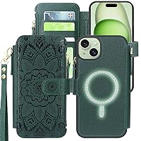 Harryshell Compatible with iPhone 15 / iPhone 14 / iPhone 13 Case Wallet Support MagSafe Wireless Charging with Card Slots Holder Cash Coin Zipper Pocket Flip Closure Wrist Strap (Floral Deep Green)