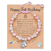 Unicorn Birthday Gifts for 3-10 Year Old Girls, Adjustable Pink Pearl Unicorn Charm Bracelet for Girls Daughter Granddaughter Niece