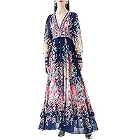 LAI MENG FIVE CATS Women's Vintage Floral Print V Neck Button Front A Line Flowy Party Maxi Dress