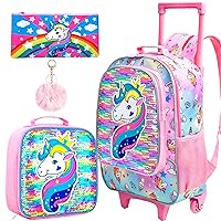 gxtvo Rolling Backpack for Girls, Roller Wheels Kids Bookbag - Wheeled Suitcase Elementary Sequin School Bag - 3PCS Unicorn