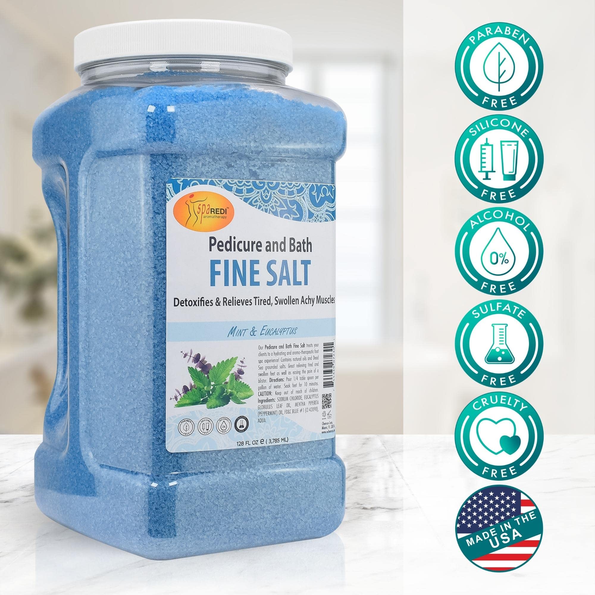 SPA REDI - Detox Foot Soak Pedicure and Bath Fine Salt, Mint and Eucalyptus, 128 Oz - Made with Dead Sea Salts, Argan Oil, Coconut Oil, and Essential Oil - Hydrates, Softens and Moisturizes