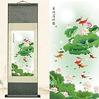 Newscz Asian Wall Art for Living Room Oriental Chinoiserie Decor Vertical Mural Silk Scroll Art Poster Koi - Fish Playing Among Lotus Leaves Rising Ready to Hanger Wall Scroll 36 by 12 in