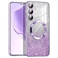 Casetego for Galaxy S24 Case,Compatible with MagSafe,Clear Magnetic Glitter Gradient Sparkle Luxury Plated Soft TPU Bumper Full Camera Lens Protector for Samsung Galaxy S24 5G,Light Purple