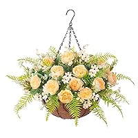 Artificial Flowers in Hanging Basket Planter for Home Spring Summer Decoration, Silk Rose Peony Outdoor Indoor Arrangements, 12