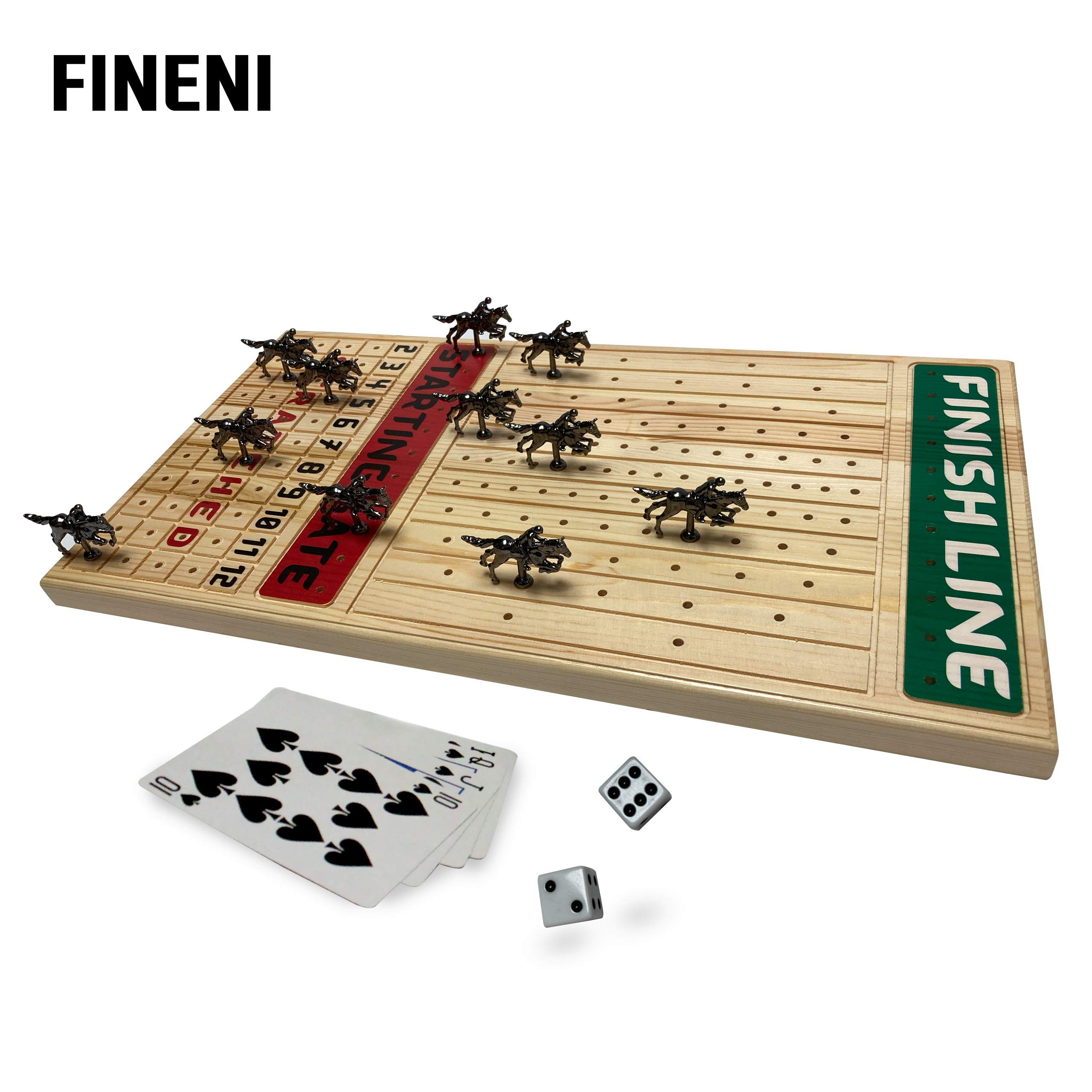 FINENI Horse Racing Board Game with Luxurious Durable Metal Horses, 11 Pieces, Black Metal Horses, Real Pine Wood Horseracing Game Board, Dice and Cards