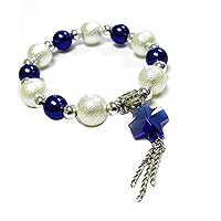 Linpeng Blue Crystal Cross W/Chain Tassel Pearl Beaded Stretch Bracelet