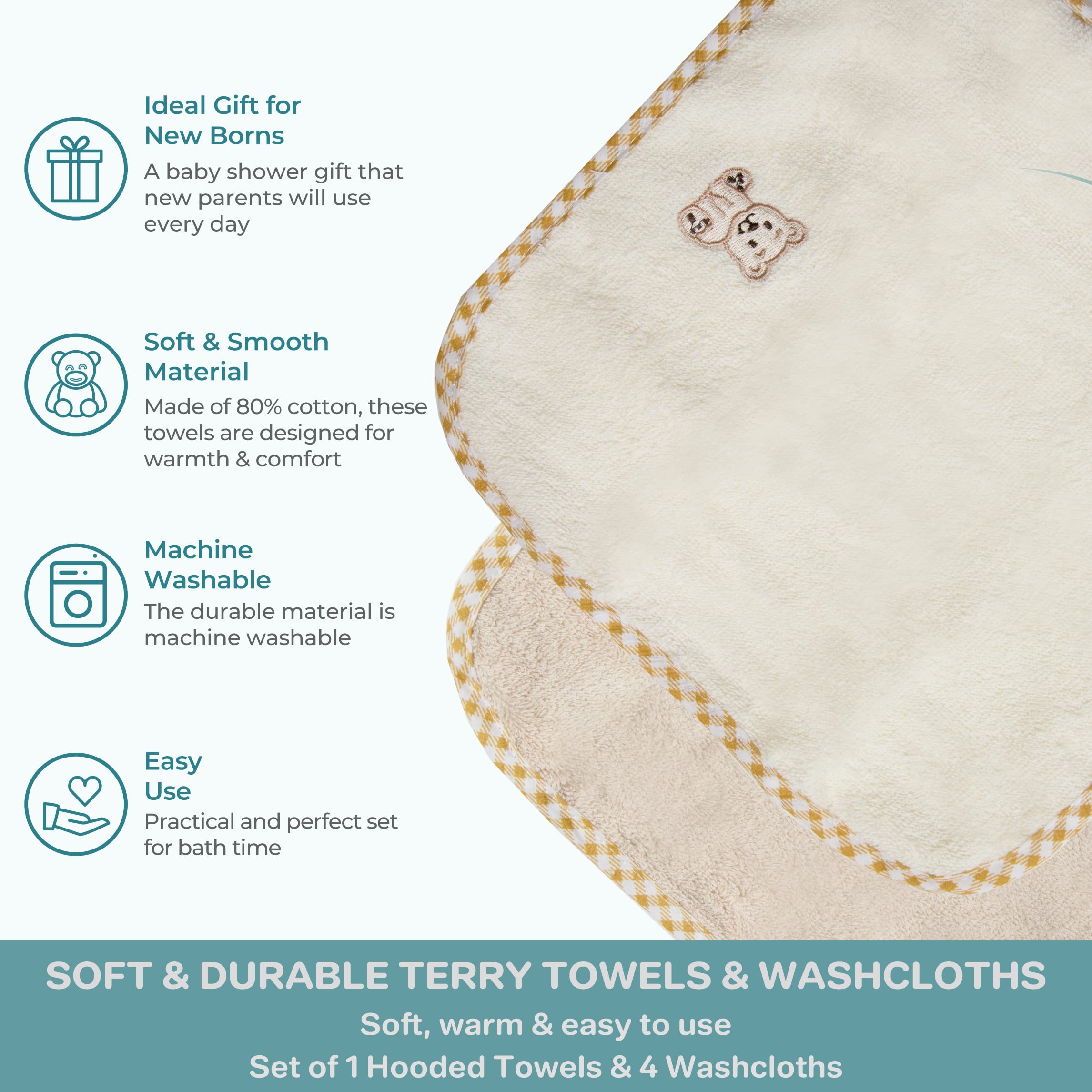 Spasilk Bath Hooded Towels & Washcloths Set for Babies, Hooded Terry Bath Towel & 4 Washcloths, Beige