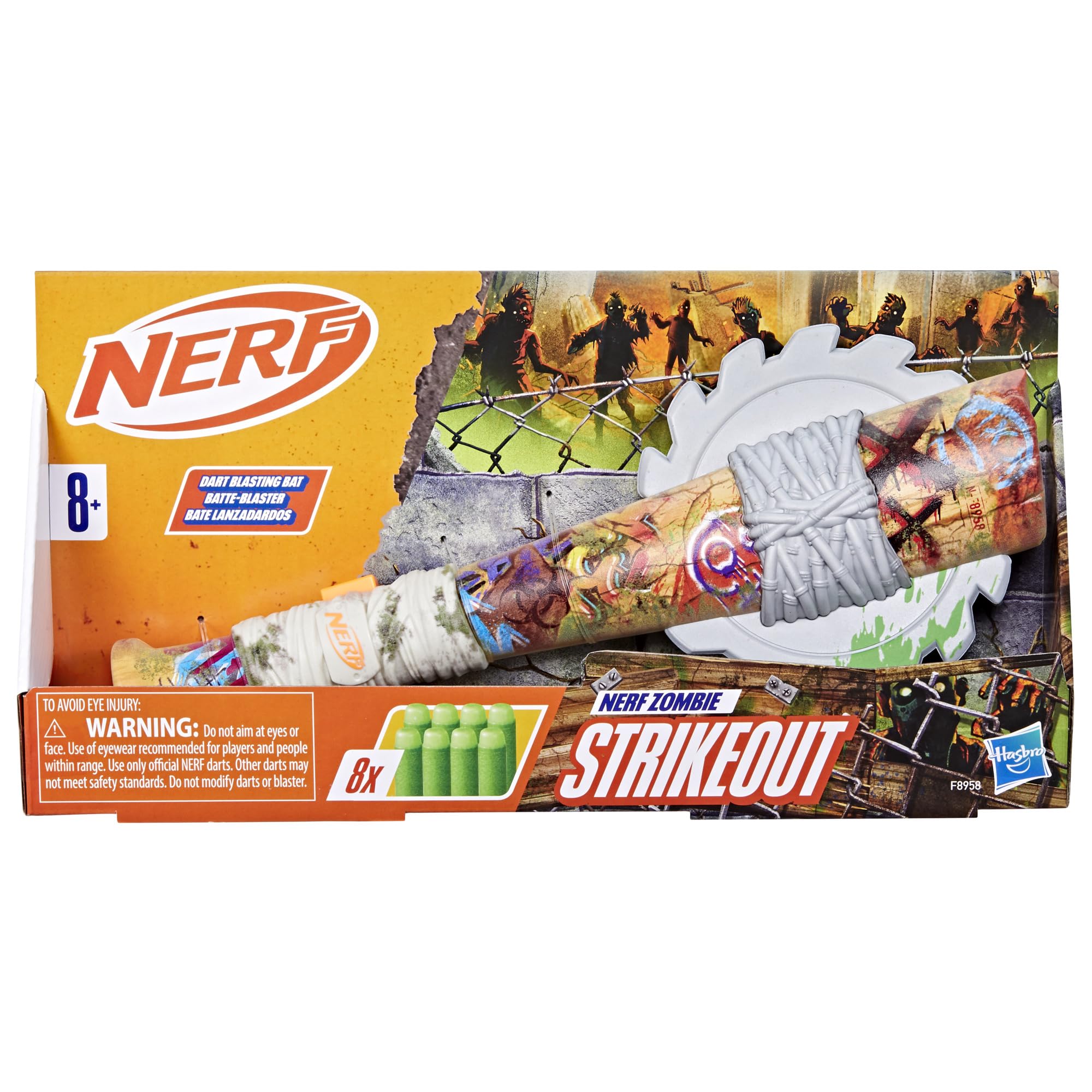 Nerf Zombie Strikeout Dart Blaster, 8 Nerf Elite Darts, Foam Blade, Pull Back Priming, Outdoor Games, Ages 8+