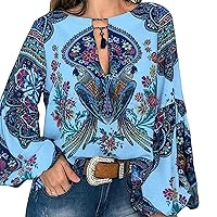 Women's Casual Boho Embroidered Top Loose Floral Beach Shirts Tunic Blouses Printed Totem Long Sleeve Ethnic Style
