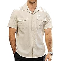 VATPAVE Mens Hawaiian Cotton Linen Shirts Short Sleeve Button Down Summer Shirts Cuban Beach Tops with Pockets