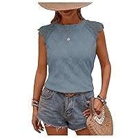 Floerns Women's Contrast Lace Cap Sleeve Eyelet Embroidery Knot Tie Back Blouses