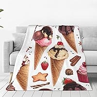 Watercolor Ice Cream Blanket for Couch Bed Throw Blanket, Aesthetic Decorative Blanket for Travel Camping Comfy Blanket, Full Size Blanket, 60x50 inch