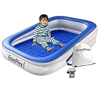 EnerPlex Kids Inflatable Travel Bed with High Speed Pump, Portable Blow up Toddler Air Mattress with Sides – Built-in Safety Bumper - Blue